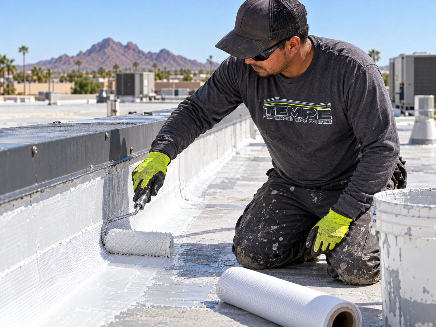 Commercial roof worker inspecting roof details in Tempe, Arizona