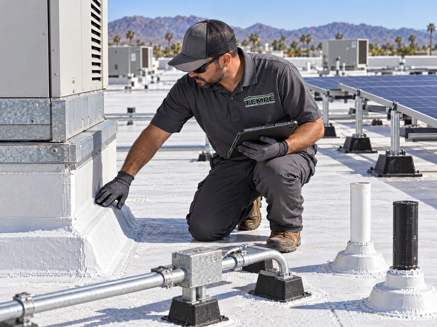 Commercial roofer inspecting coating access around solar panel mounts and HVAC curbs in South Mountain