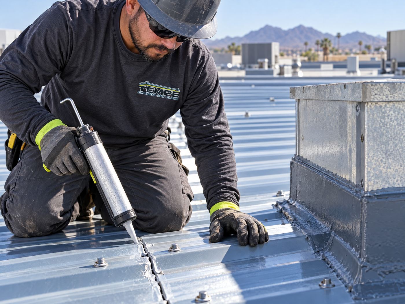 Commercial roofer preparing a metal panel lap beside electrical conduit