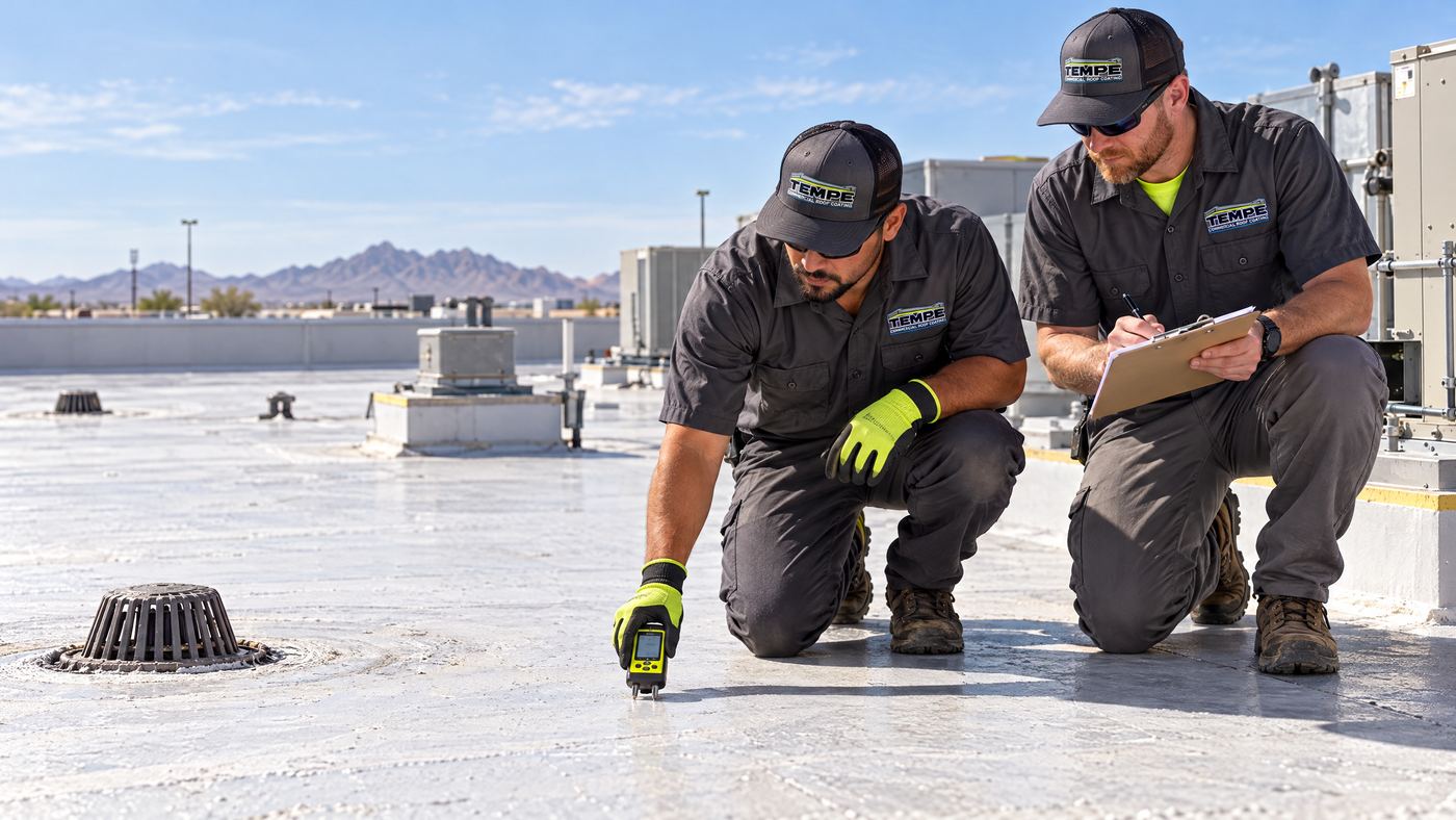 Commercial roof worker inspecting roof details in Tempe, Arizona