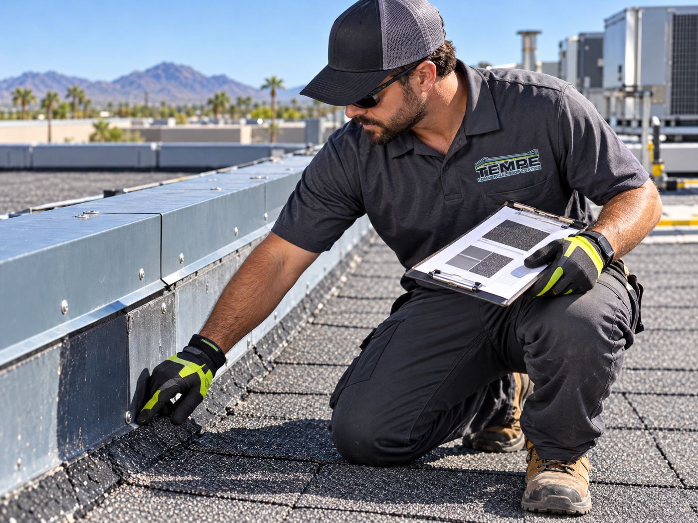 Commercial roofer inspecting shingle flashing and granule loss