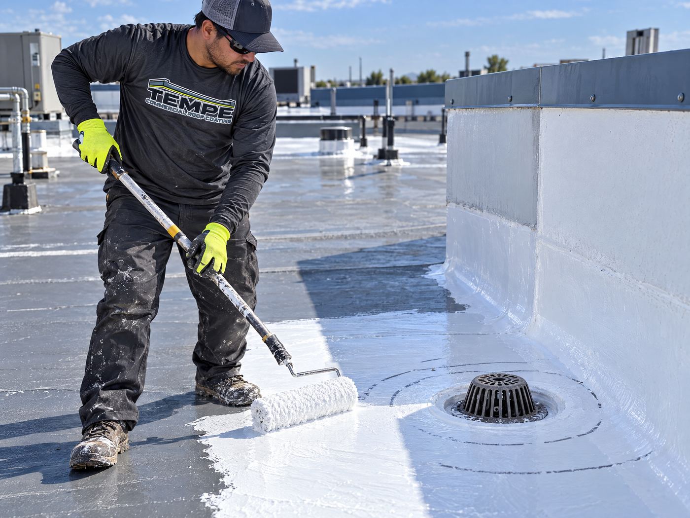 Commercial roof coating worker detailing silicone around a pipe penetration