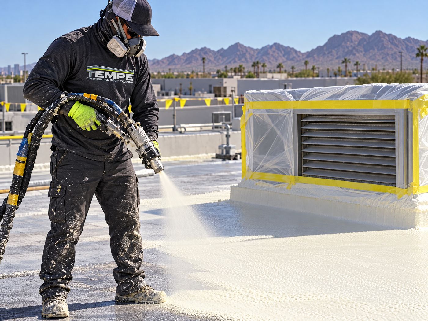 Commercial roofer applying spray foam near a rooftop HVAC curb